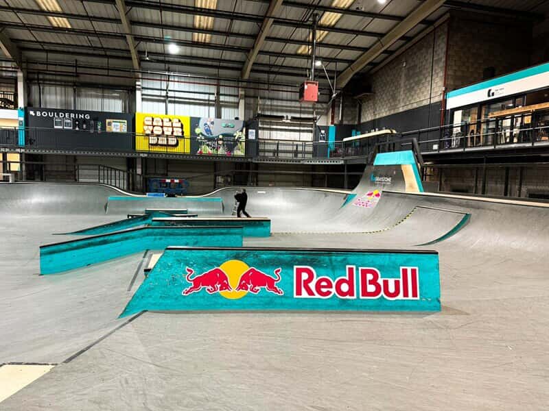 An image of the indoor skate graphics for a temporary Red Bull event.